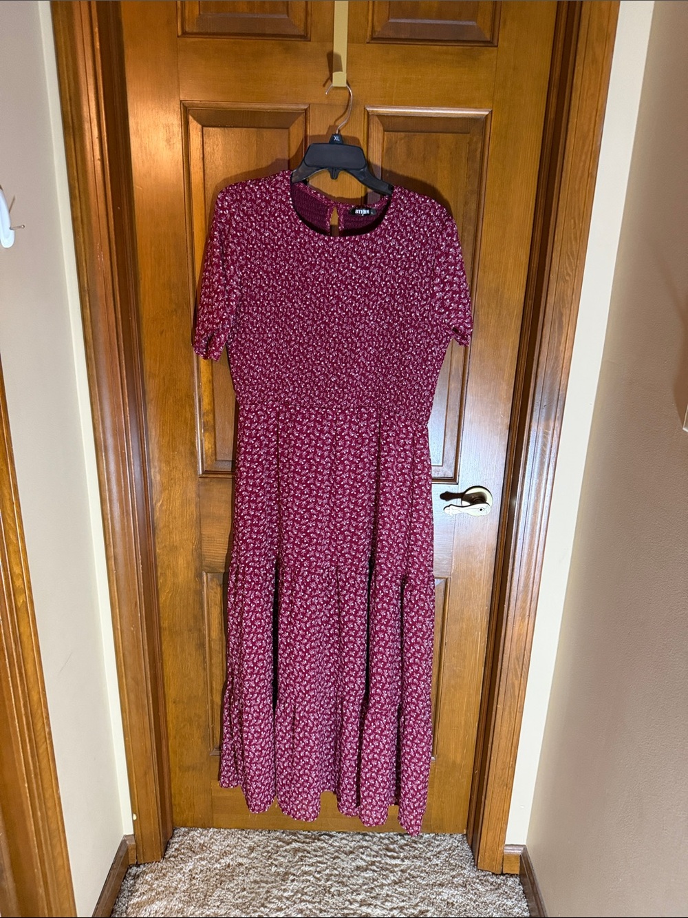 Women’s Burgundy Floral Maxi Dress with Short Sleeves